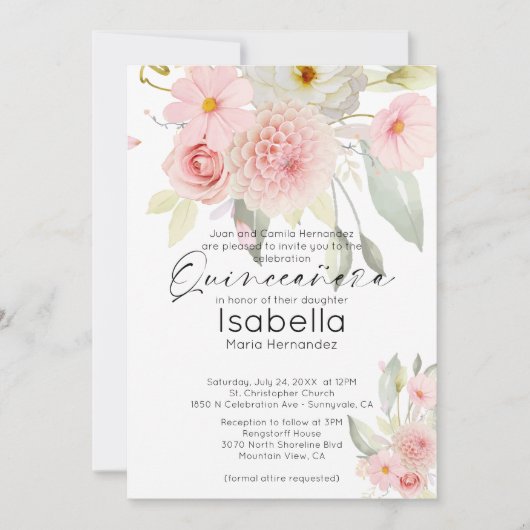 Rustikales Rosa Aquarellfarbe Quinceanera Einladung (Vorderseite)