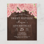 Rustikales Rosa Blumenholz 16 . Geburtstag Einladu (Vorderseite)