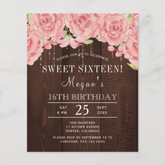 Rustikales Rosa Blumenholz 16 . Geburtstag Einladu (Vorderseite)