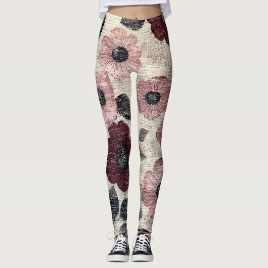 Rustikales Rosa Blumenmuster Leinen (7) Leggings (Vorderseite)