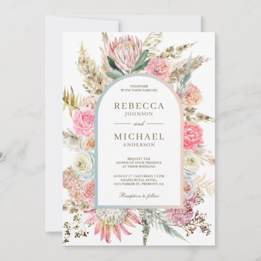 Rustikales Rosa Blütenpink Boho Pampas Grass Weddi Einladung (Vorderseite)