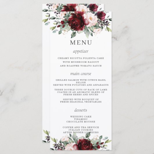 Rustikales, rosa, Burgunder, florales Hochzeitmenü Programm (Vorne/Hinten)