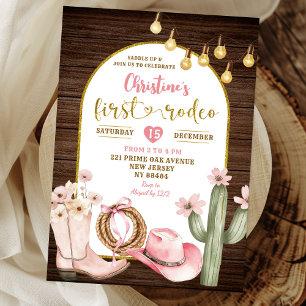 Rustikales rosa Cowgirl First Rodeo Erster Geburts Einladung