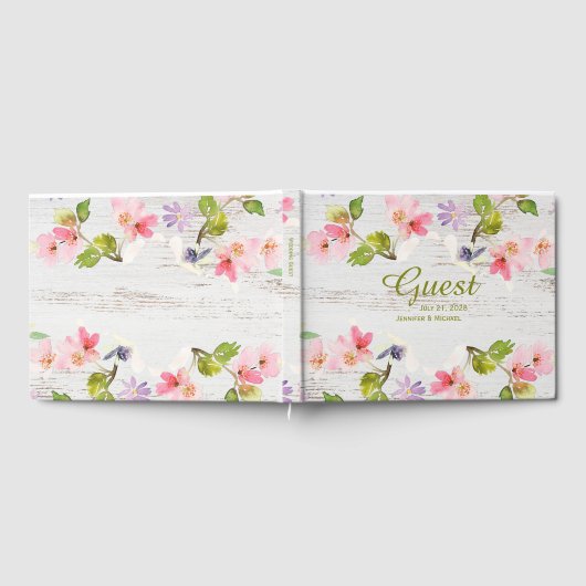 Rustikales Rosa Florals auf weißem Holz Gästebuch (Voll)