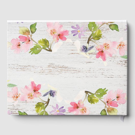 Rustikales Rosa Florals auf weißem Holz Gästebuch (Rückseite)