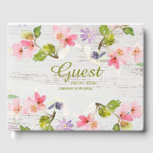 Rustikales Rosa Florals auf weißem Holz Gästebuch (Vorderseite)