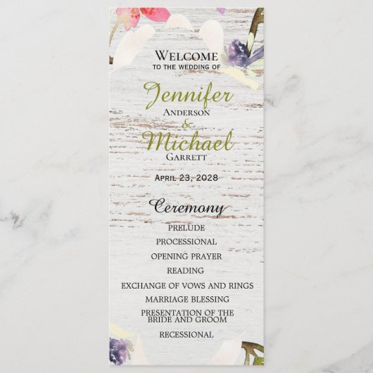 Rustikales Rosa Florals auf weißem Holz Hochzeit Programm (Vorderseite)