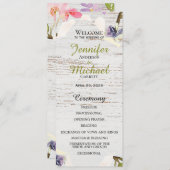 Rustikales Rosa Florals auf weißem Holz Hochzeit Programm (Vorne/Hinten)