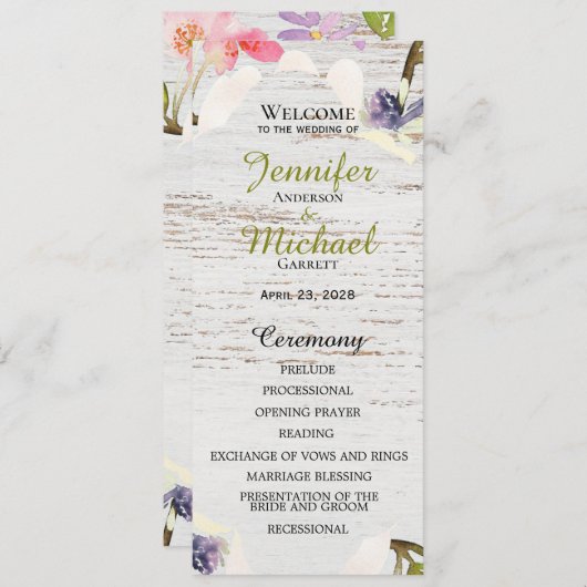 Rustikales Rosa Florals auf weißem Holz Hochzeit Programm (Vorne/Hinten)