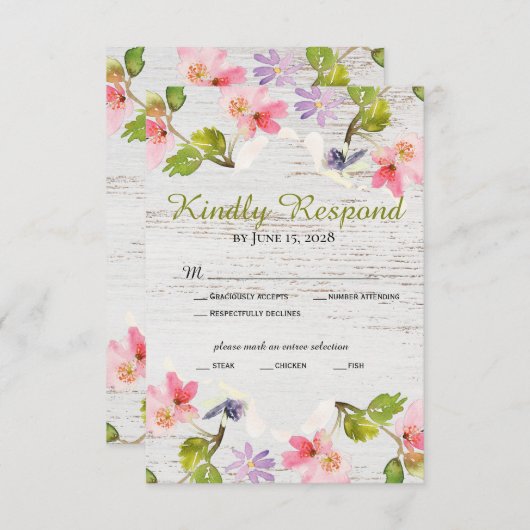 Rustikales Rosa Florals auf weißem Holz RSVP Karte (Vorne/Hinten)