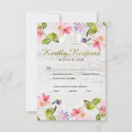 Rustikales Rosa Florals auf weißem Holz RSVP Karte