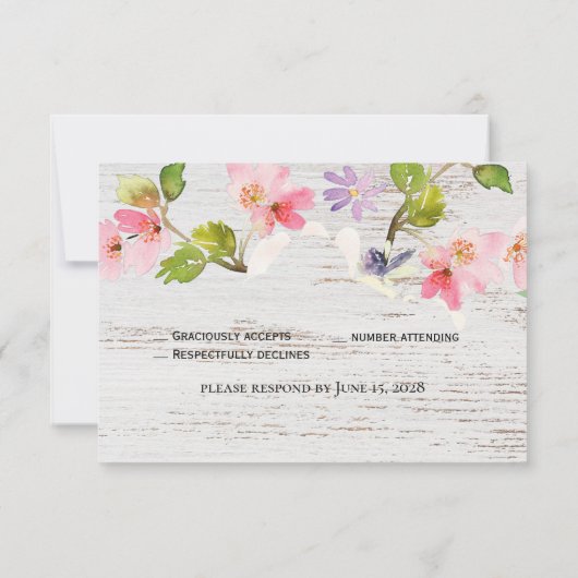 Rustikales Rosa Florals auf weißem Holz RSVP Karte (Rückseite)
