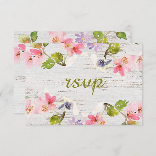 Rustikales Rosa Florals auf weißem Holz RSVP Karte (Vorne/Hinten)
