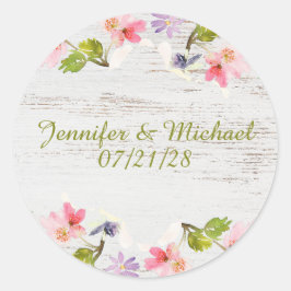Rustikales Rosa Florals auf weißem Holz Runder Aufkleber