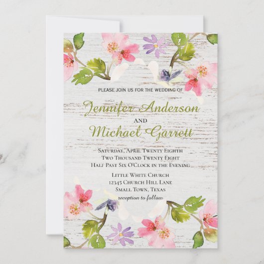 Rustikales Rosa Florals auf Weißholz Einladung (Vorderseite)