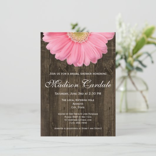 Rustikales Rosa Gerber Daisy Bridal Dusche Einladu Einladung (Stehend Vorderseite)
