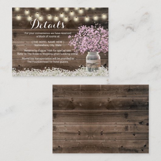 Rustikales Rosa Gipskraut Hotel Unterkünfte Begleitkarte (Vorne/Hinten)