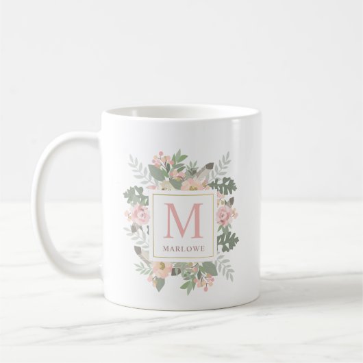 Rustikales rosa goldfarbenes Boho Custom Monogram Kaffeetasse (Links)