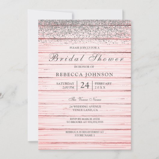 Rustikales Rosa Holz Silber Glitzer Brautparty Einladung (Vorderseite)