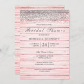 Rustikales Rosa Holz Silber Glitzer Brautparty Einladung (Vorne/Hinten)