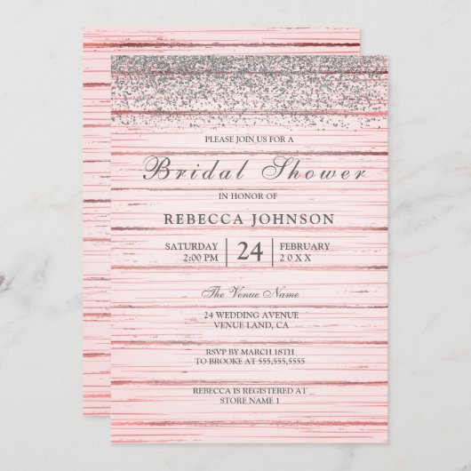 Rustikales Rosa Holz Silber Glitzer Brautparty Einladung (Vorne/Hinten)