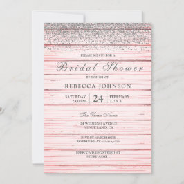 Rustikales Rosa Holz Silber Glitzer Brautparty Einladung