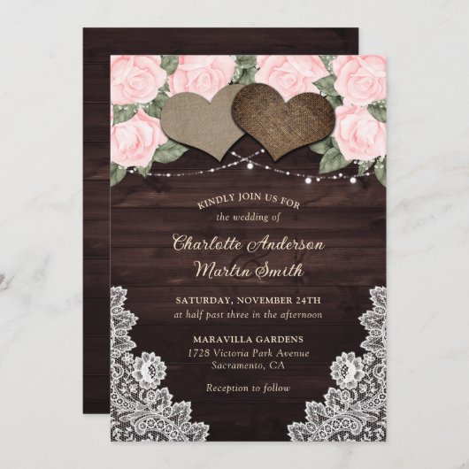 Rustikales Rosa Holzherzen mit blühenden Lichtern Einladung (Vorne/Hinten)