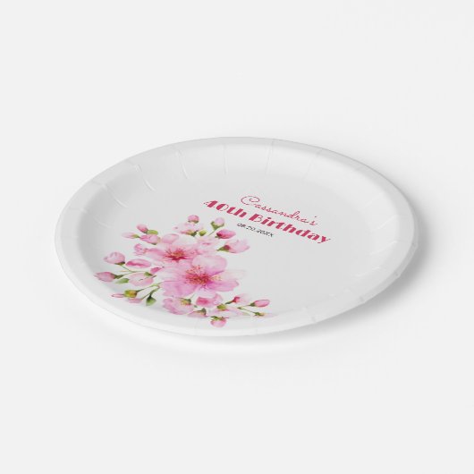 Rustikales rosa Kirschblossom Sakura Floral Geburt Pappteller (Schrägansicht)