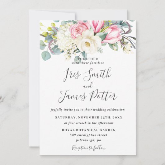 Rustikales Rosa Magnolia Hydrangea Hochzeit Einladung (Vorderseite)