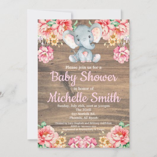 Rustikales rosa mit Blumenmädchen-hölzerne Einladung (Vorderseite)