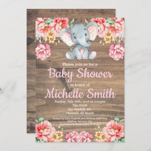 Rustikales rosa mit Blumenmädchen-hölzerne Einladung (Vorne/Hinten)