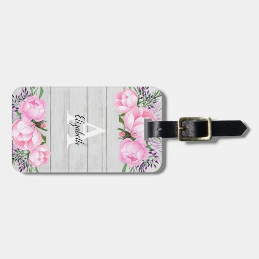 Rustikales rosa Monogramm der Pfingstrosen-| Gepäckanhänger (Vorderseite horizontal)