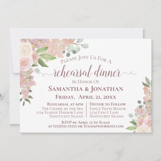 Rustikales Rosa Probe Hochzeitsessen Einladung (Vorderseite)