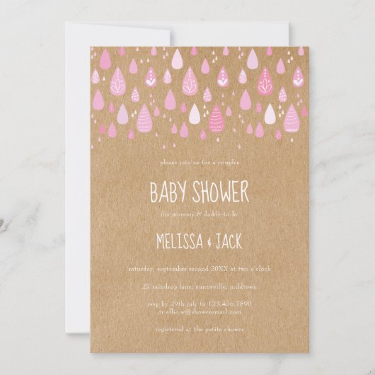 Rustikales Rosa Rindrops Baby Girl Dusche Einladung (Vorderseite)
