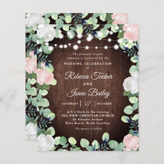 Rustikales Rosa Rosengrün Einladung Hochzeit (Vorne/Hinten)