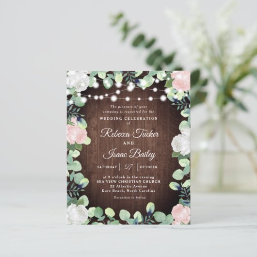 Rustikales Rosa Rosengrün Einladung Hochzeit (Stehend Vorderseite)