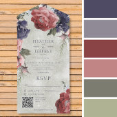 Rustikales Rosa und blaue Peongs zeigen grünen QR- All In One Einladung