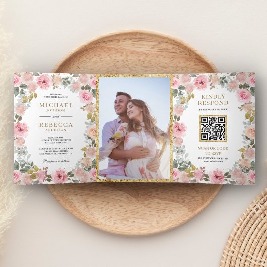 Rustikales Rosa und goldenes Foto QR Code Hochzeit Dreifach Gefaltete Einladung