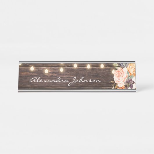 Rustikales Rosa- und Pfirsichblütenleuchten Schreibtischnamensplakette (Vorderseite )