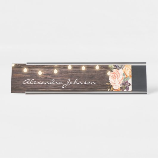 Rustikales Rosa- und Pfirsichblütenleuchten Schreibtischnamensplakette (Vorderseite )