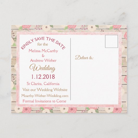 Rustikales Rosa und Tan Floral Save the Date Postk Ankündigungspostkarte (Rückseite)
