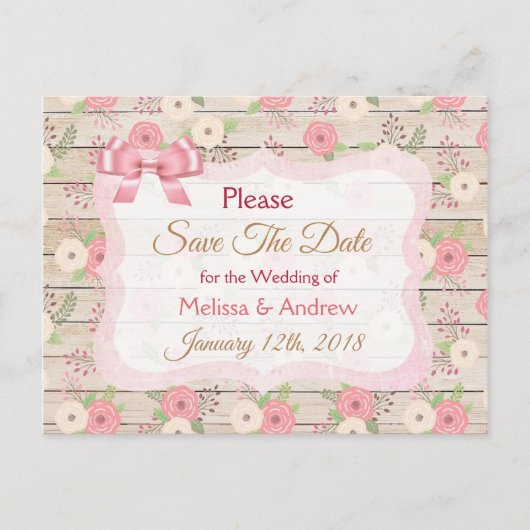 Rustikales Rosa und Tan Floral Save the Date Postk Ankündigungspostkarte (Vorderseite)