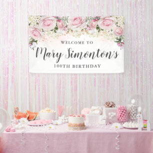 Rustikales Rosa und Weiße Flora 100. Geburtstag Banner