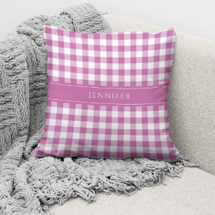 Rustikales Rosa-Weiß-Gingham-Muster Name Kissen