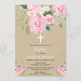 Rustikales rosa weißes BlumenAquarelltaufemädchen Einladung