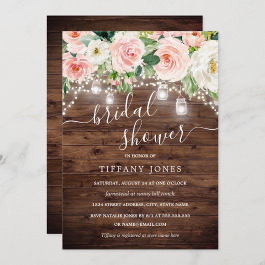 Rustikales, rosafarbenes Brautparty Einladung (Vorne/Hinten)