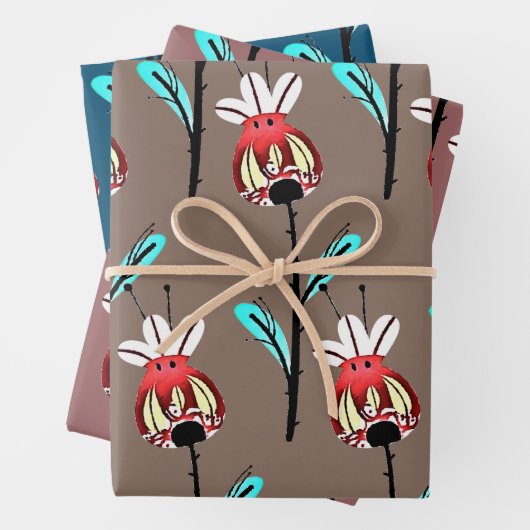 Rustikales Rosehip Gold Aquamarin rosa Blumenmuste Geschenkpapier Set (Beispiel)