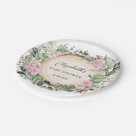 Rustikales Rosengrün Kinderdusche Dekoration Pappteller (Schrägansicht)