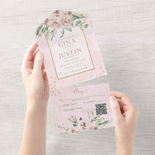 Rustikales Rosenrot Gold Akzente QR Code All In One Einladung (Abreißen)