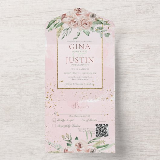 Rustikales Rosenrot Gold Akzente QR Code All In One Einladung (Innen Boden)